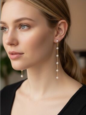 Elegant Gold Pearl Drop Earrings - Long Dangle